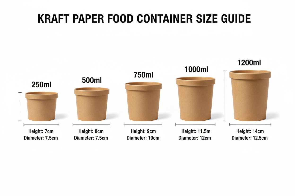 Size guide for kraft paper food containers 250ml to 1200ml
