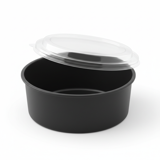 Round black 750ml PLA container lid open