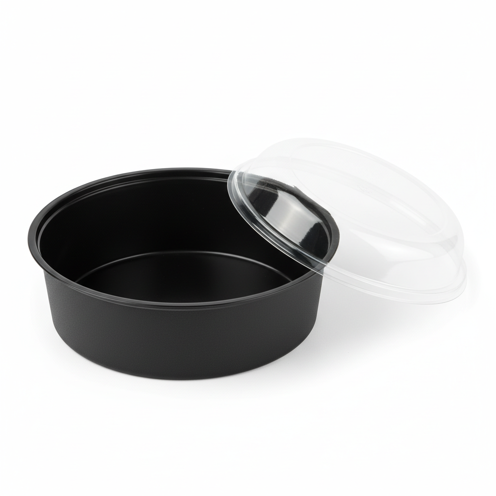 Round black 1200ml PLA container lid open