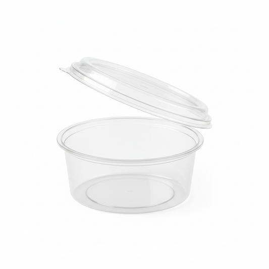 Round transparent 250ml PLA container lid open