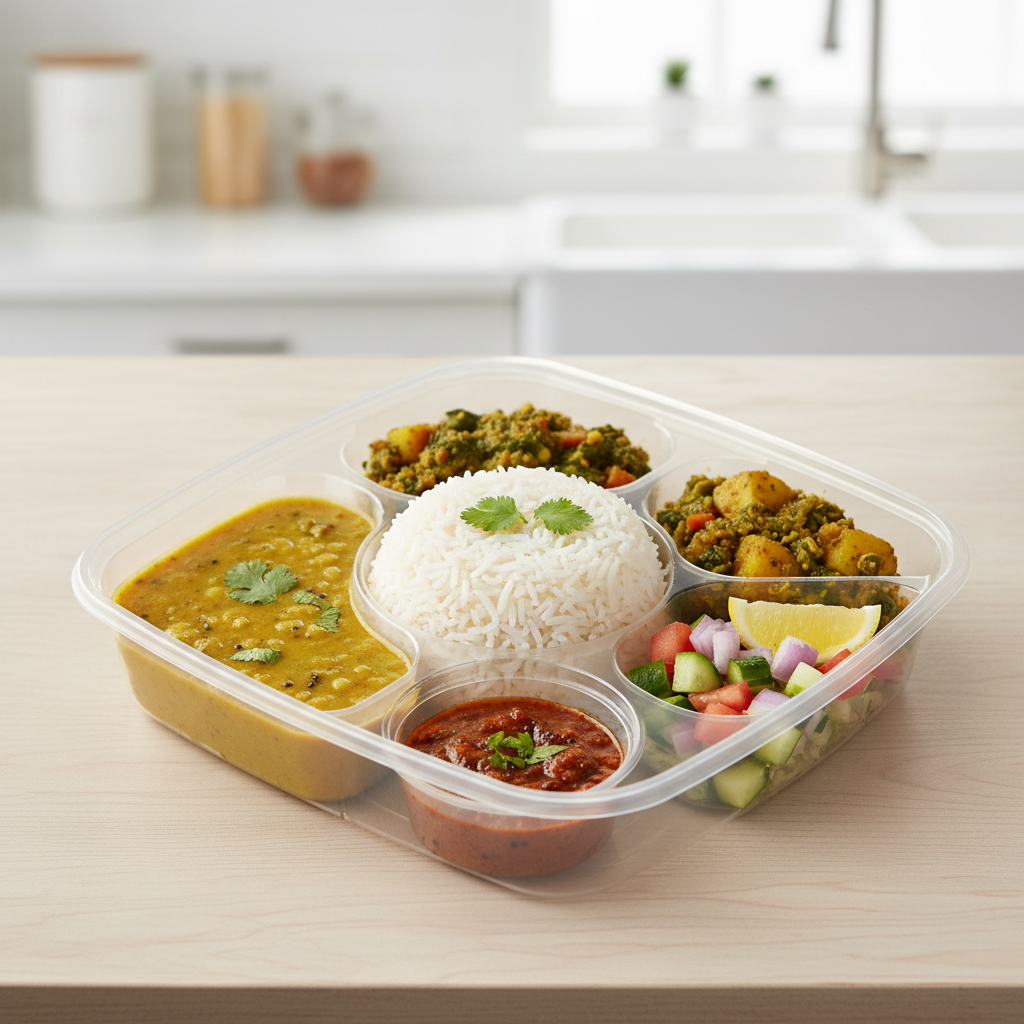 Transparent PLA 5 compartment container with Indian thali meal lifestyle