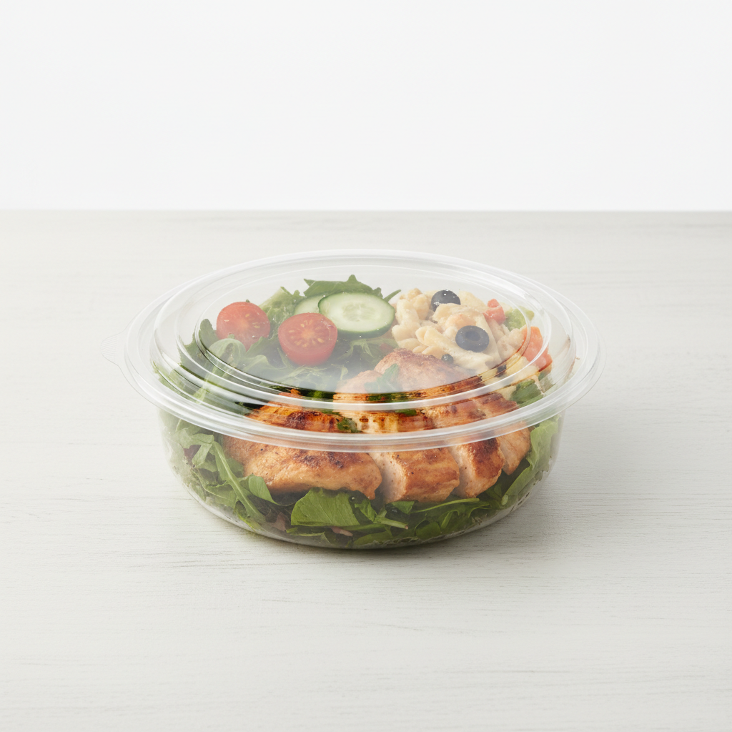 Round transparent PLA 1200ml container with catering lifestyle