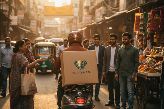 Custom branded food delivery box on a scooter riding through Indian streets, showing how branded packaging creates free marketing impressions for cloud kitchens on every delivery