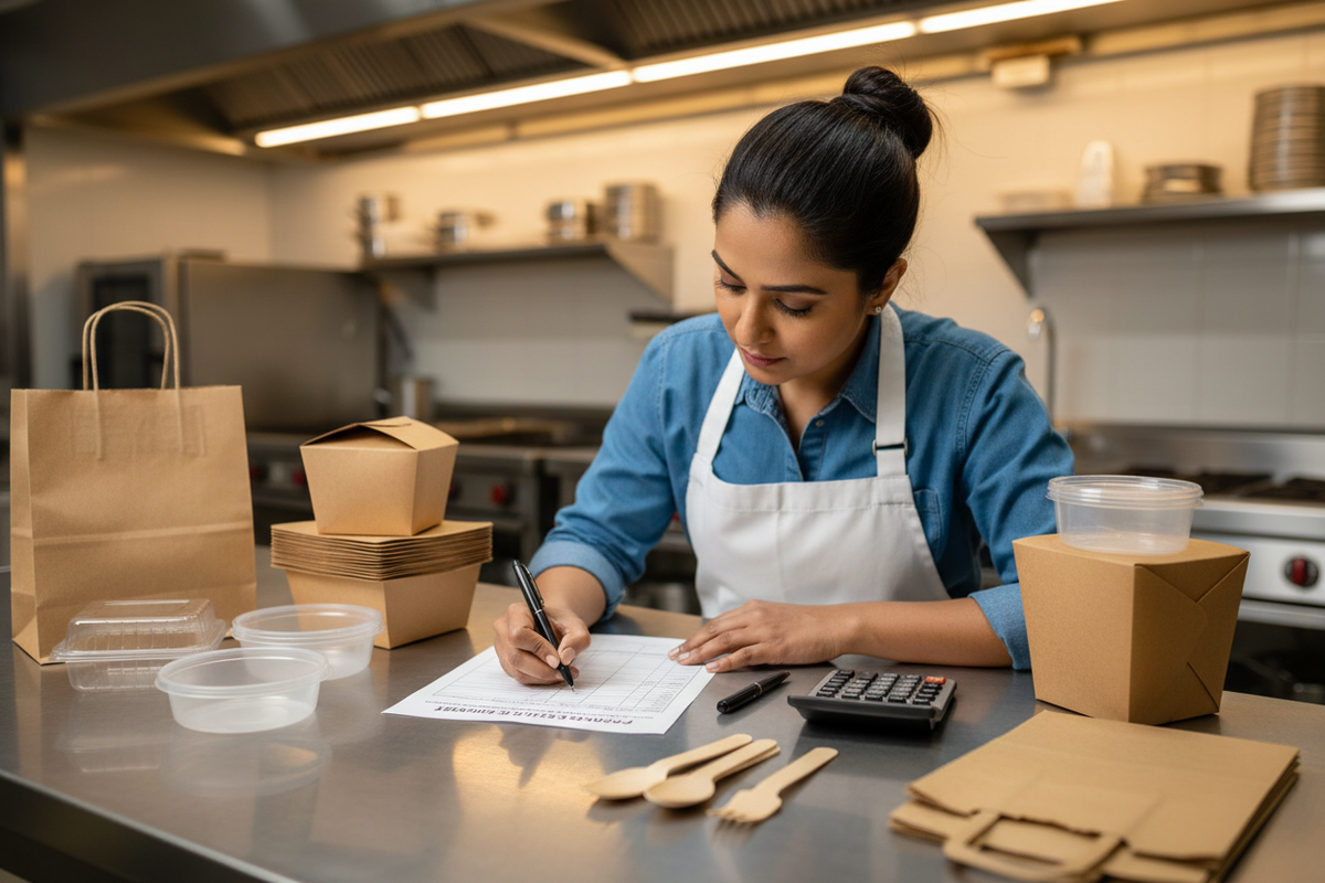 Indian cloud kitchen owner filling in a packaging cost calculation worksheet with kraft boxes, PLA containers, paper bags and birchwood cutlery on a stainless steel prep table