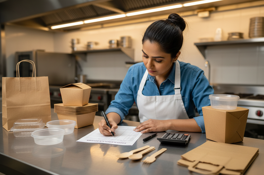 Indian cloud kitchen owner filling in a packaging cost calculation worksheet with kraft boxes, PLA containers, paper bags and birchwood cutlery on a stainless steel prep table