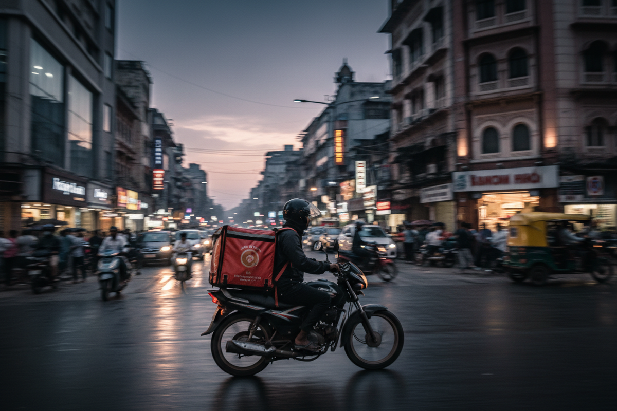 Indian food delivery rider on a motorcycle navigating a busy urban street — spill-proof packaging for cloud kitchens