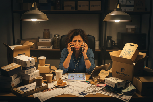 Overwhelmed Indian cloud kitchen owner at a cluttered desk surrounded by packaging samples, invoices, and supplier catalogs — the packaging sourcing headache for food businesses
