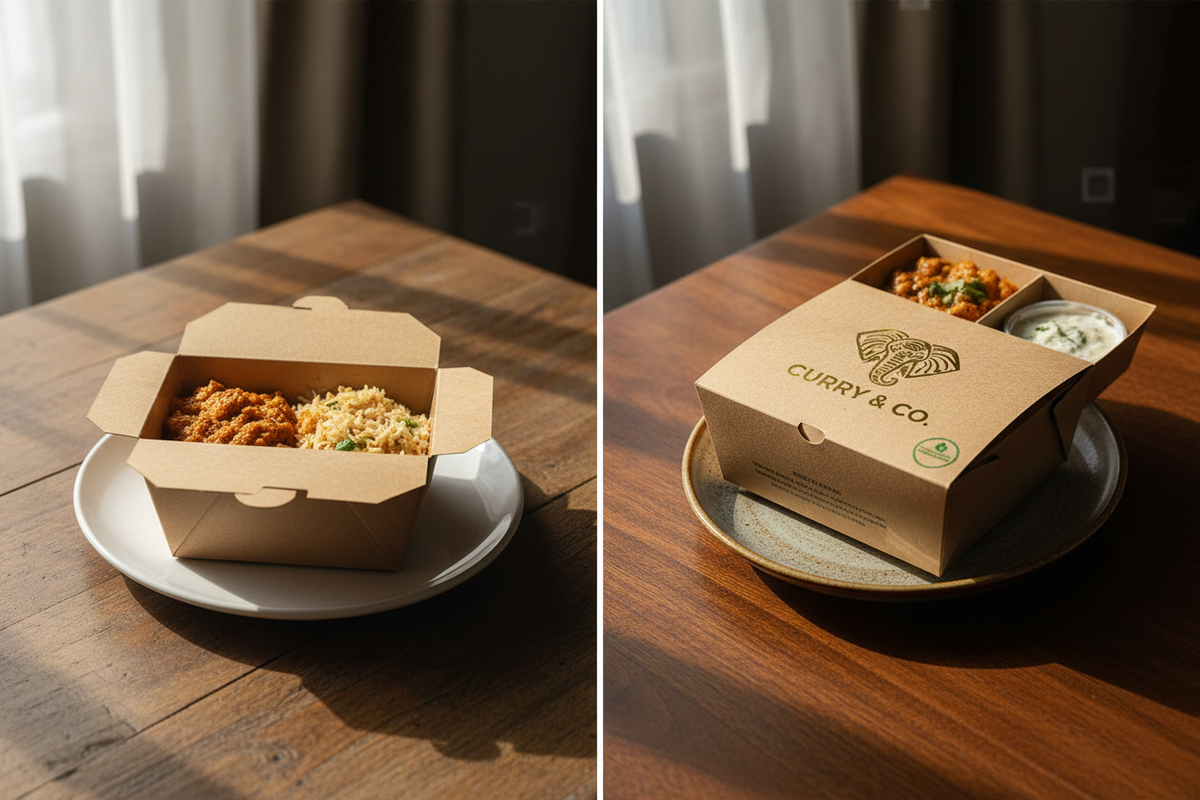 Split-screen comparison of plain generic brown takeout box versus premium custom branded kraft box with eco badge showing the packaging perception gap for Indian food businesses