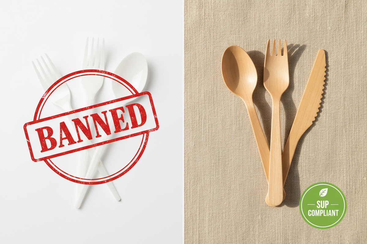 Split-screen comparison of banned plastic cutlery versus premium SUP-compliant birchwood wooden cutlery for Indian restaurants and cloud kitchens