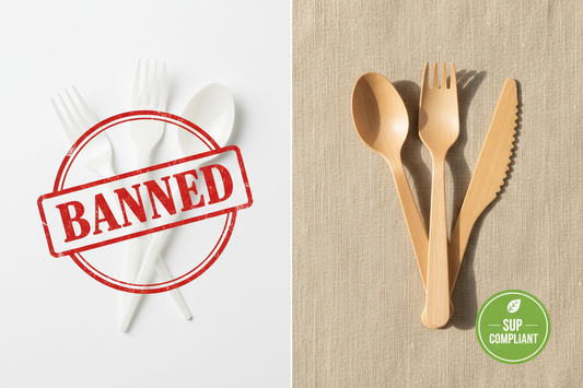 Split-screen comparison of banned plastic cutlery versus premium SUP-compliant birchwood wooden cutlery for Indian restaurants and cloud kitchens