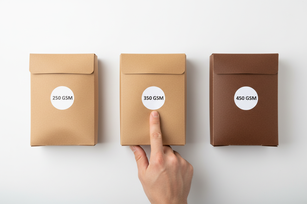 Three kraft paper food boxes side by side showing 250 GSM, 350 GSM and 450 GSM thickness comparison for food packaging buyers in India