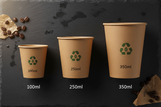 Three paper cups in small, medium, and large sizes arranged on a dark slate surface — single wall, double wall, and cold cup formats for Indian cafes and cloud kitchens