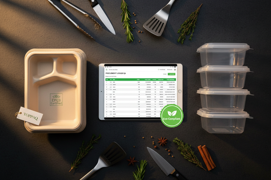 Biodegradable food containers wholesale for cloud kitchens — bagasse trays, PLA cups, and B2B procurement ledger on a dark prep station — Toppaq