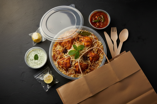 Complete biryani delivery packaging stack — PP container, salan and raita containers, birchwood cutlery and 120 GSM kraft bag by Toppaq