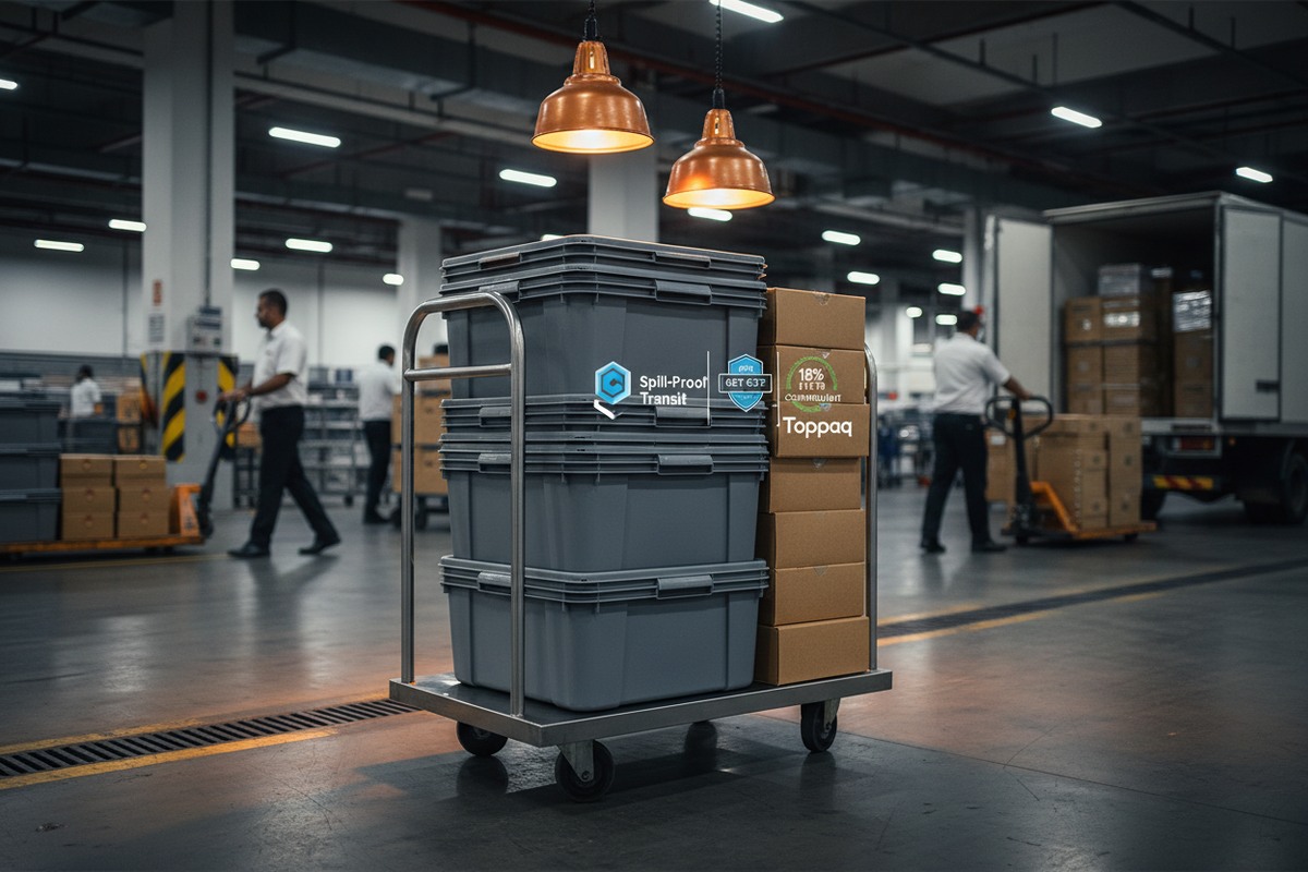 Bulk disposable food containers with lids stacked securely on a catering transport cart with spill-proof click-lock mechanisms — Toppaq