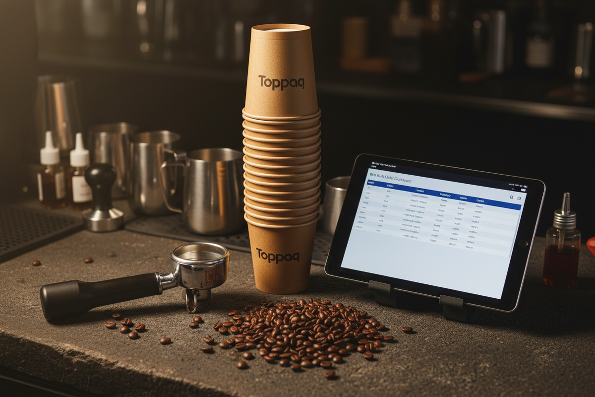 Premium bulk paper cups for cafes stacked on a counter next to coffee beans and a B2B procurement dashboard — Toppaq
