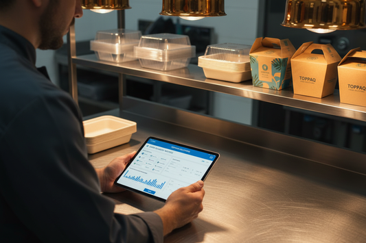 Food business owner using a digital B2B platform to buy disposable food containers online in India — Toppaq