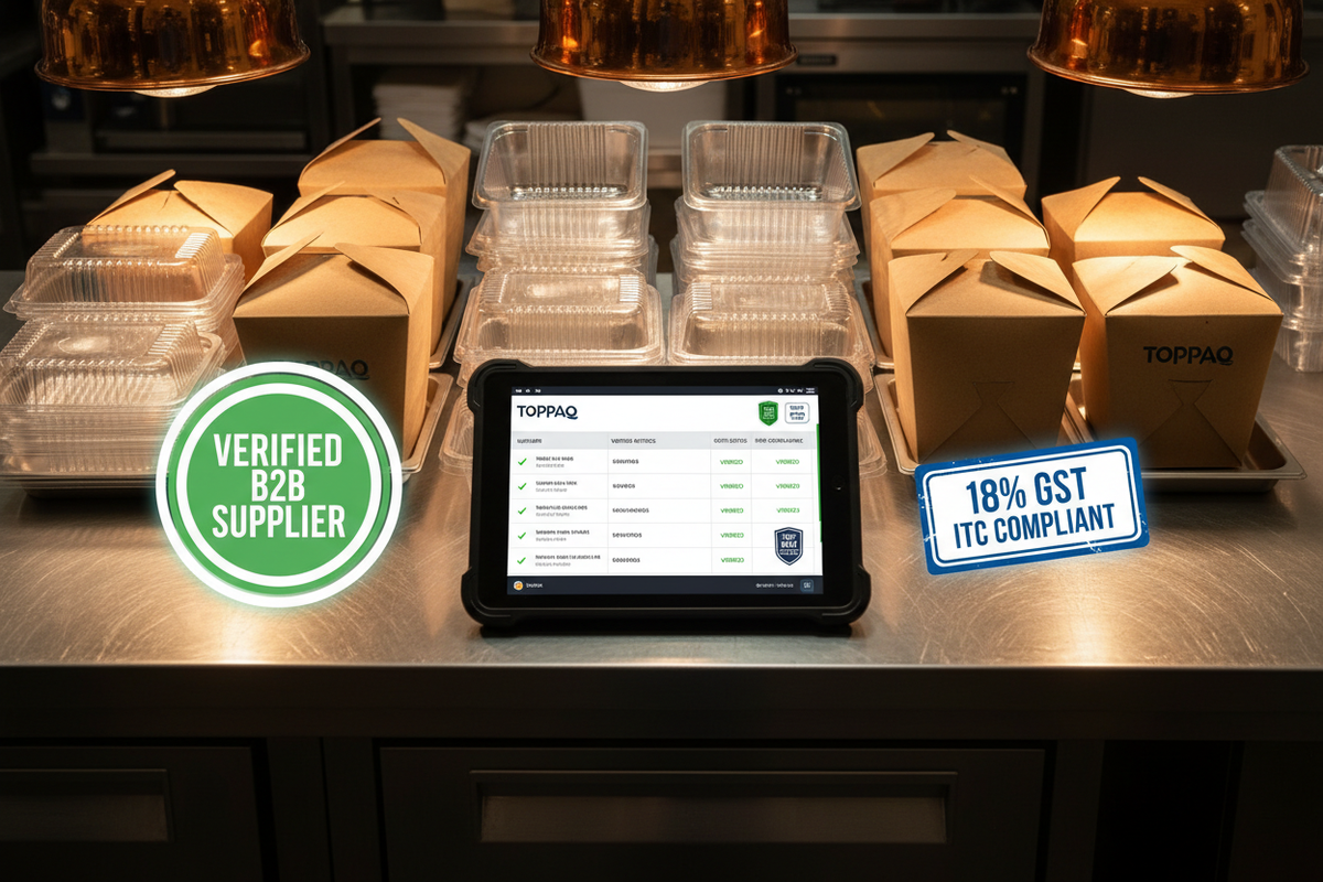 Bootstrapped founder sourcing cheap food packaging supplies online safely using a verified B2B digital dashboard with GSTIN verification and HSN compliance badges — Toppaq