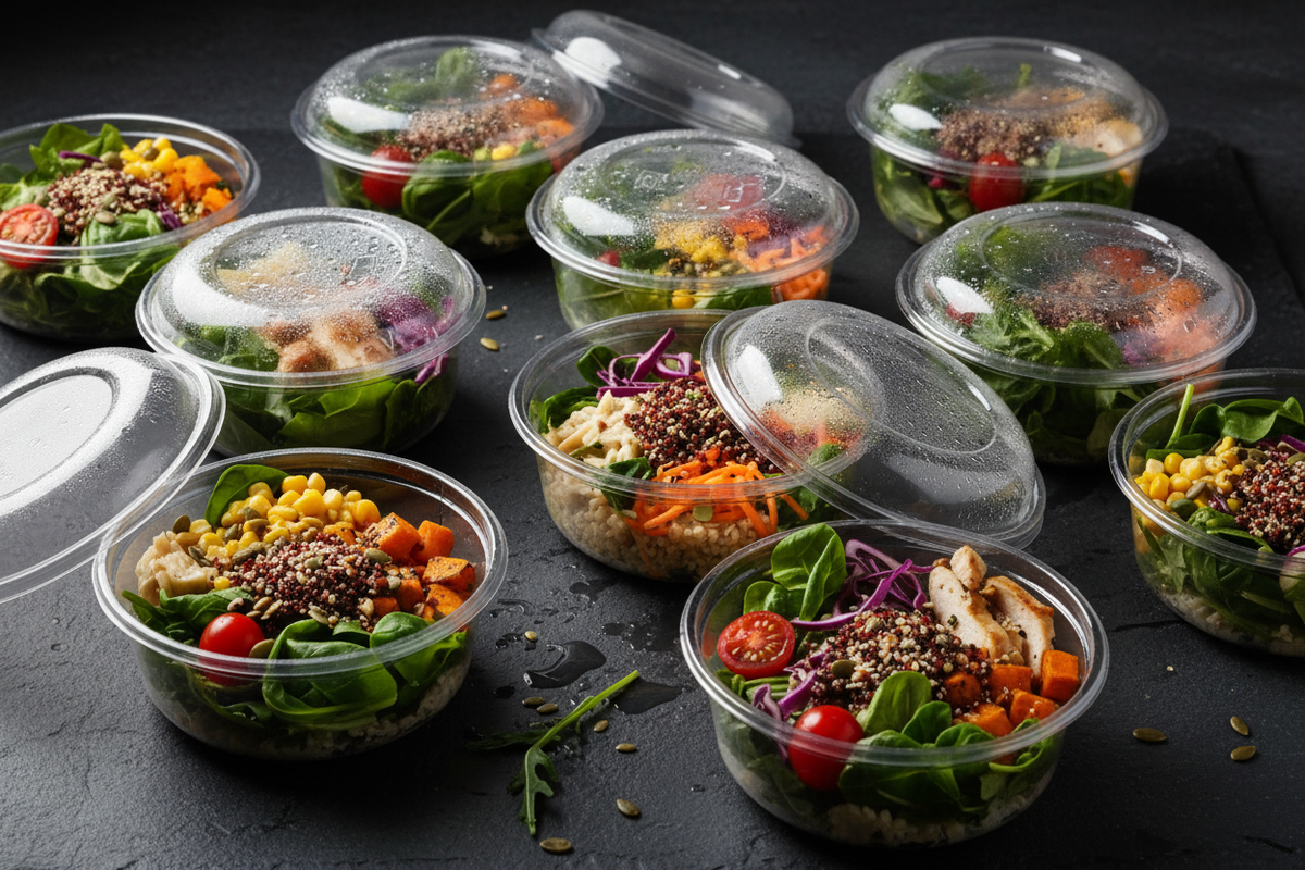 Premium clear PLA transparent food containers with fresh salads and grain bowls on a dark slate surface, condensation visible on the lids showing cold food, vibrant greens and colorful vegetables visible through the packaging