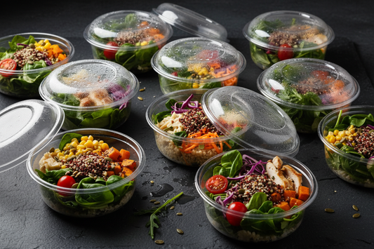 Premium clear PLA transparent food containers with fresh salads and grain bowls on a dark slate surface, condensation visible on the lids showing cold food, vibrant greens and colorful vegetables visible through the packaging