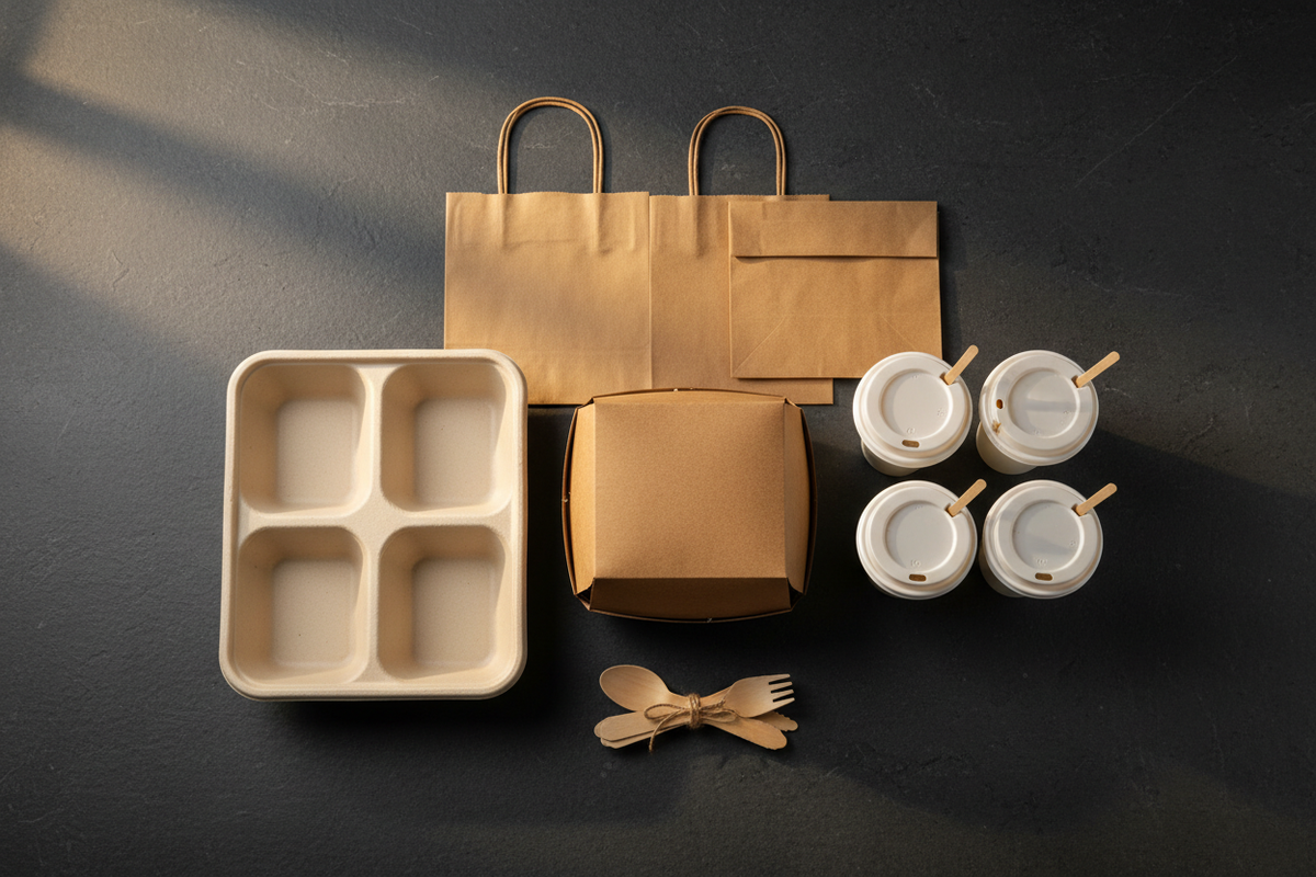 Complete cloud kitchen packaging setup — kraft boxes, containers, cups and wooden cutlery by Toppaq