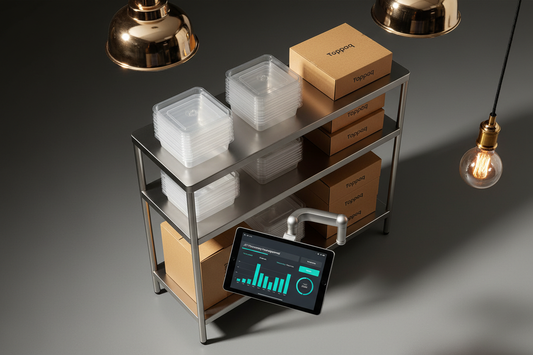 Space-saving cloud kitchen packaging solutions organised efficiently on a stainless steel commercial prep counter with JIT inventory dashboard — Toppaq