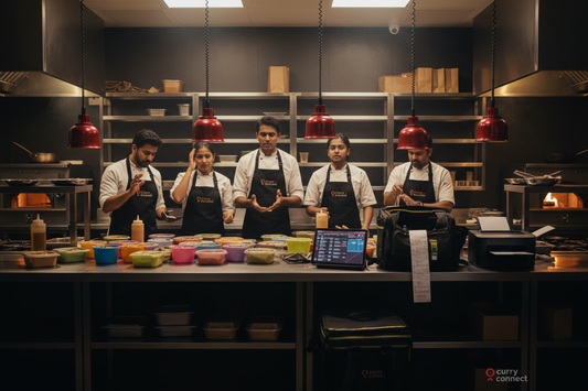 Indian cloud kitchen staff at empty packaging shelves during lunch rush — the cost of packaging stockouts