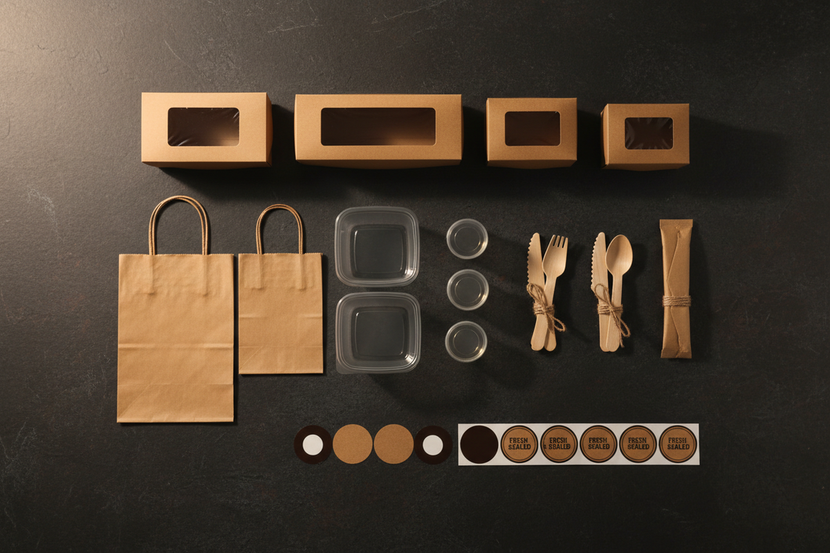 Flat lay overhead shot of a complete cloud kitchen packaging setup including kraft boxes, paper bags, PP containers, sauce cups, wooden cutlery and tamper seal stickers neatly arranged in a grid on a dark slate surface like a packaging checklist