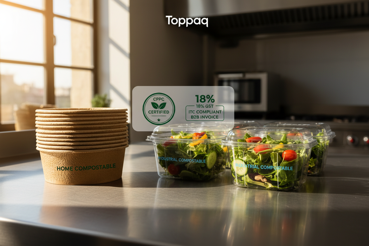 Compostable takeaway containers wholesale featuring home compostable bagasse bowls and industrial compostable PLA cups for sustainable food brands — Toppaq