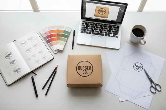 Packaging design brief workspace with kraft box, Pantone swatches, dieline template and designer sketchbook for custom food packaging