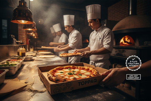 Custom pizza boxes manufacturer producing premium corrugated printed packaging for a commercial pizzeria — Toppaq