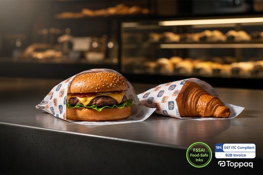 Custom printed greaseproof paper wholesale being used to wrap premium bakery pastries and fast food burgers with FSSAI food-safe ink branding — Toppaq