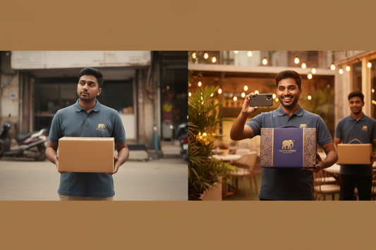 Split scene — customer receiving plain generic delivery box vs premium branded food box — packaging and customer retention for cloud kitchens