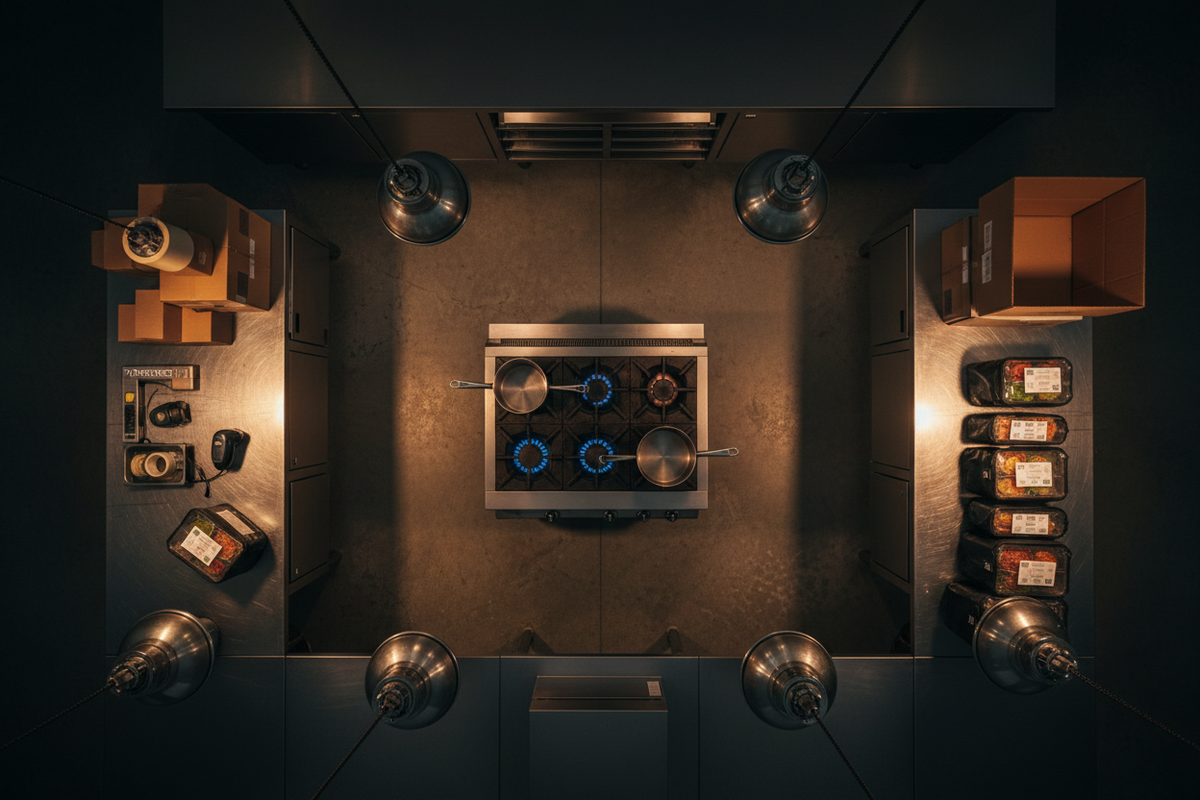 Aerial view of a compact, well-organized dark kitchen setup with prep, cooking and dispatch zones for cloud kitchen delivery