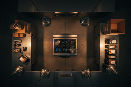Aerial view of a compact, well-organized dark kitchen setup with prep, cooking and dispatch zones for cloud kitchen delivery