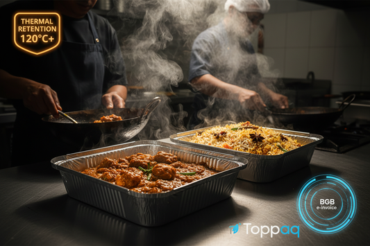 Disposable aluminium foil containers wholesale being used for hot biryani and curry delivery in a commercial restaurant kitchen — Toppaq