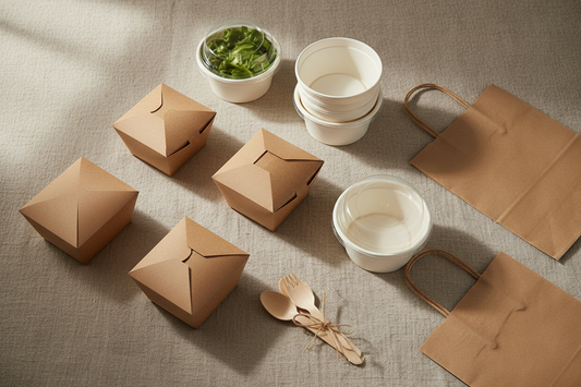 Eco-friendly food packaging lineup — kraft boxes, PLA containers, bagasse bowls and birchwood cutlery by Toppaq