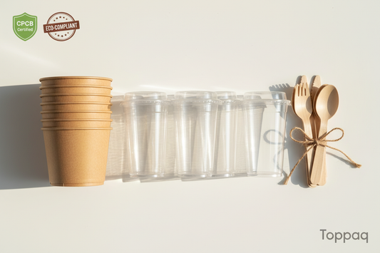 Eco-friendly restaurant packaging materials including bagasse bowls, PLA cups, and birchwood cutlery with CPCB certification badges for sustainable cafes.