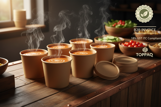 Eco friendly soup containers wholesale stacked on a commercial prep counter showing double-wall insulation for hot delivery with CPCB compostable badge — Toppaq