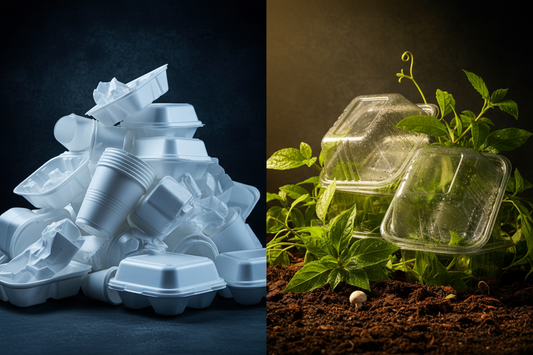 Environmental contrast split composition showing a pile of white polystyrene foam containers in harsh cold light on the left versus clear PLA compostable containers surrounded by green leaves and rich dark soil in warm natural light on the right