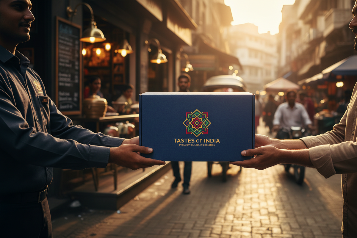 Custom branded food delivery box being handed to a customer — Toppaq branded packaging for cloud kitchens and cafes in India
