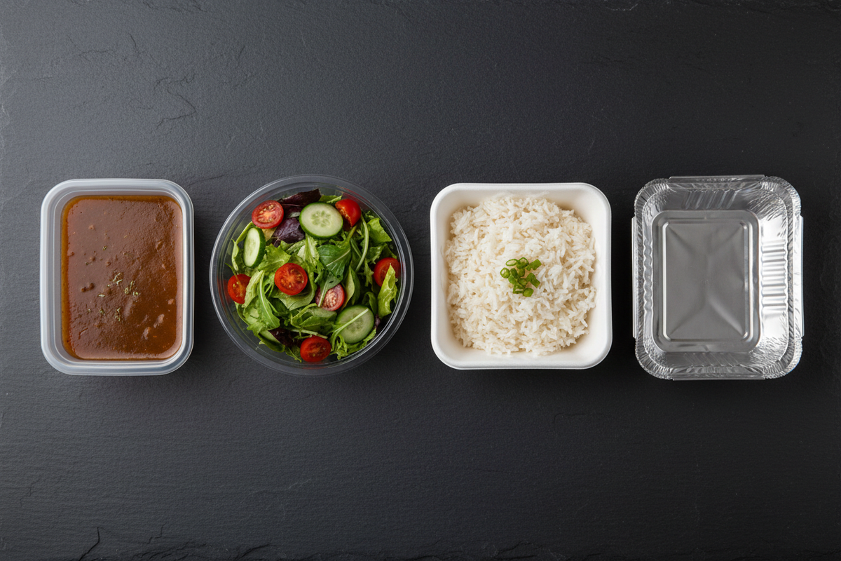 Flat lay of four types of disposable food containers — PP click-lock container, clear PLA bowl, white bagasse clamshell, and aluminium foil tray — arranged on a dark surface for Indian restaurants and cloud kitchens