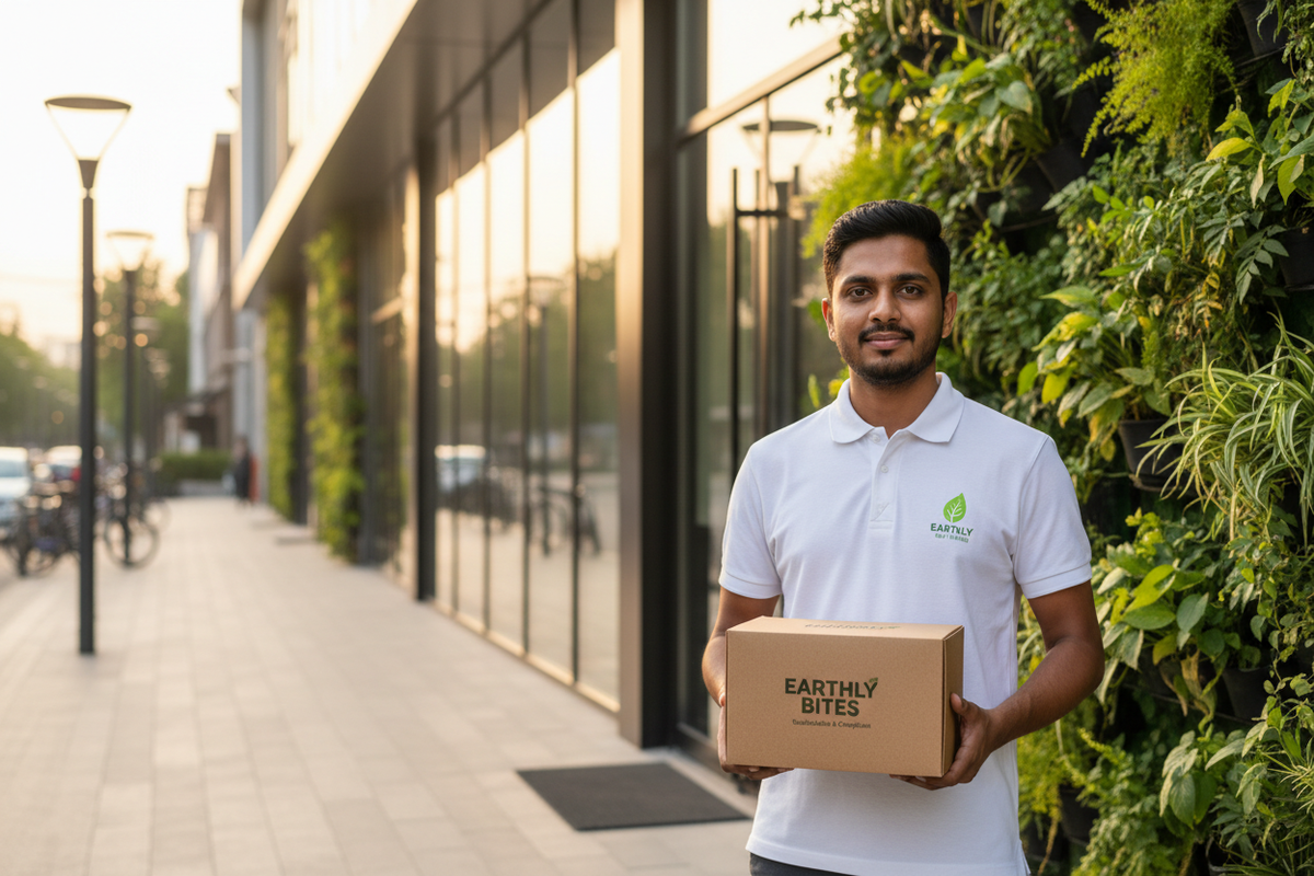 Indian food delivery worker holding compostable eco-friendly branded packaging outside a cloud kitchen — India plastic ban compliance guide for cafes and QSRs 2026