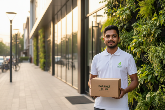 Indian food delivery worker holding compostable eco-friendly branded packaging outside a cloud kitchen — India plastic ban compliance guide for cafes and QSRs 2026