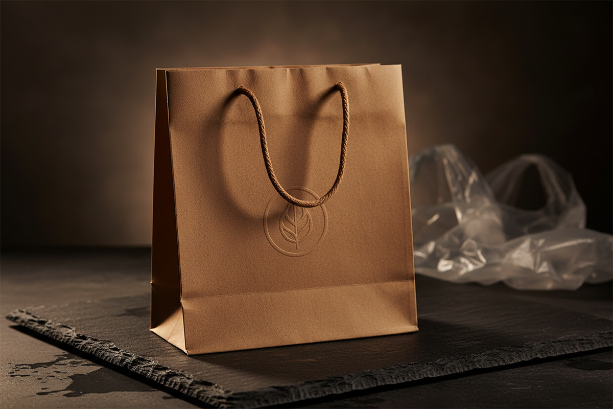 Premium branded kraft paper bag with twisted rope handles replacing plastic carry bags in Indian QSR delivery