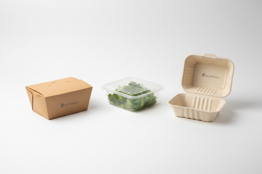 Kraft paper box, PLA transparent container, and Bagasse clamshell side by side — material comparison for Indian cloud kitchens and cafes