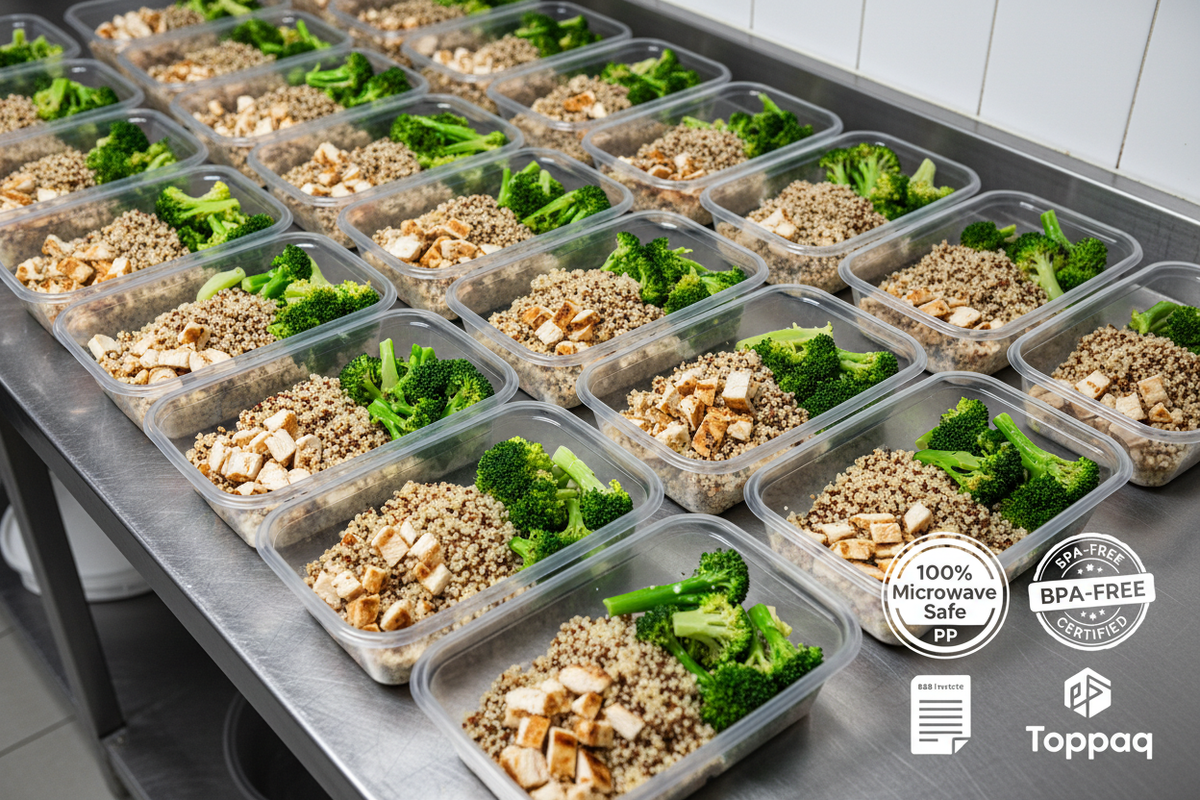 Microwave safe plastic food containers wholesale stacked on a meal prep commercial kitchen counter with BPA-free and PP polymer badges — Toppaq
