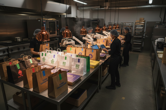 Busy multi-brand cloud kitchen dispatch station with branded food packaging boxes and bags for different restaurant brands organised by brand on a stainless steel counter