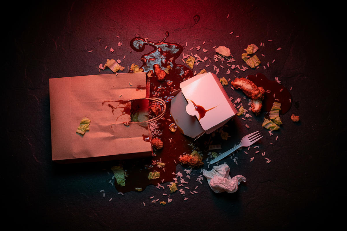 Spilled food delivery box illustrating common packaging mistakes for cloud kitchens and QSRs
