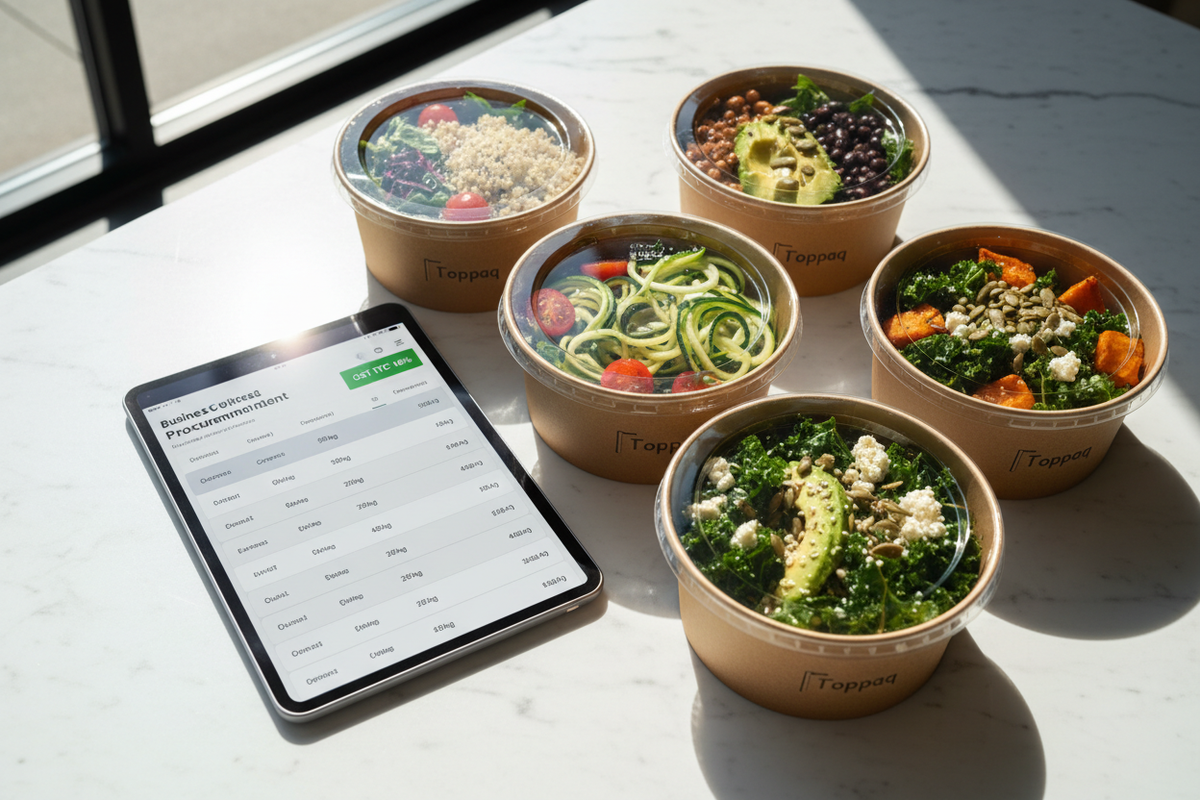 Paper salad bowls with lids bulk stacked on a healthy food cafe counter showing crisp greens and a B2B procurement dashboard — Toppaq